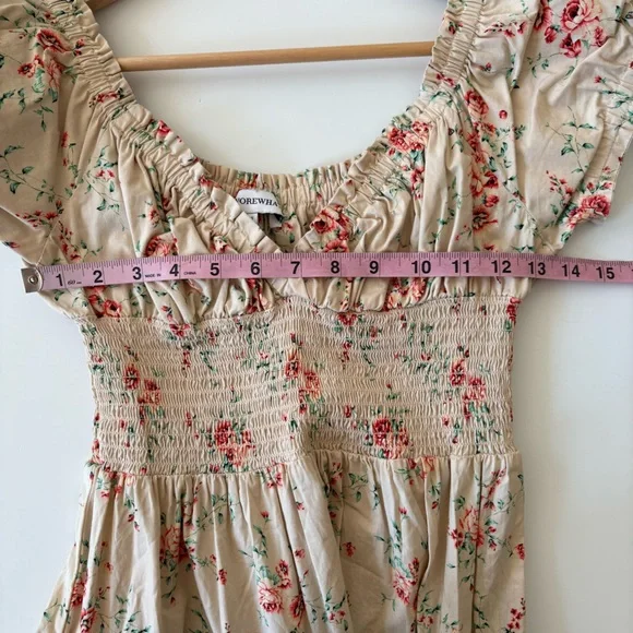 WeWoreWhat || Puff Sleeve Smocked Midi Dress in Dainty Floral Almond Milk Small - Picture 7 of 11